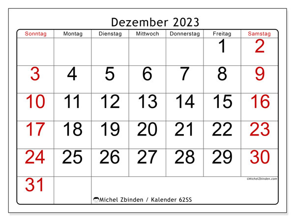 Kalender Dezember 2023 “62”. Kalender zum Ausdrucken kostenlos.. Sonntag bis Samstag