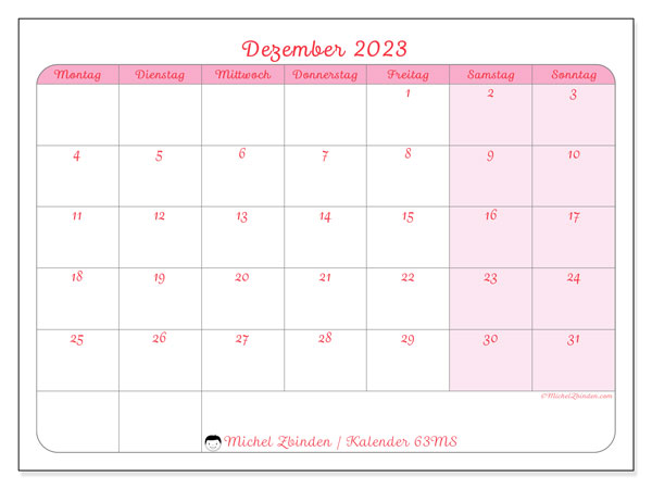 Kalender Dezember 2023, 63MS. Plan zum Ausdrucken kostenlos.
