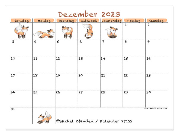 Kalender Dezember 2023 “771”. Kalender zum Ausdrucken kostenlos.. Sonntag bis Samstag