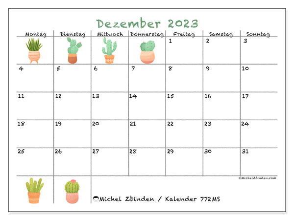 Kalender Dezember 2023 “772”. Plan zum Ausdrucken kostenlos.. Montag bis Sonntag