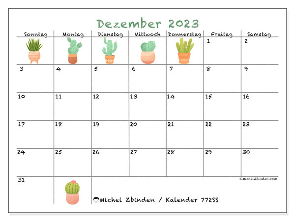 Kalender Dezember 2023 “772”. Plan zum Ausdrucken kostenlos.. Sonntag bis Samstag