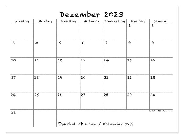Kalender Dezember 2023 “77”. Kalender zum Ausdrucken kostenlos.. Sonntag bis Samstag