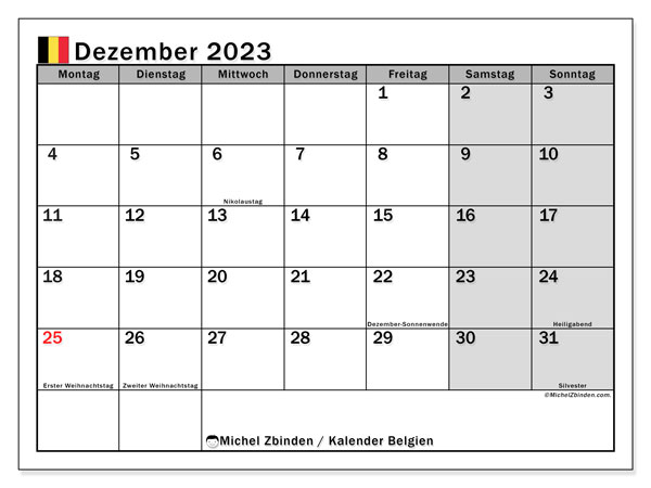 Kalender Dezember 2023 “Belgien”. Kalender zum Ausdrucken kostenlos.. Montag bis Sonntag