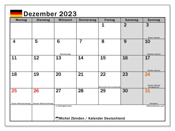 Deutschland, Kalender Dezember 2023, zum Ausdrucken, kostenlos.