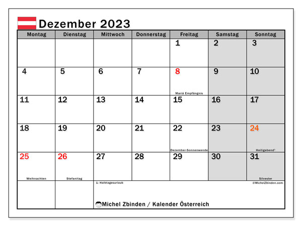 Kalendarz grudzień 2023, Austria (DE). Darmowy kalendarz do druku.