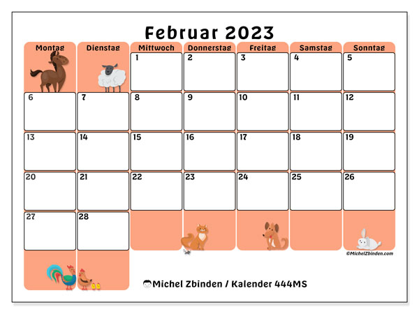 Kalender Februar 2023 zum ausdrucken. Monatskalender “444MS” und kostenloser Planer zum ausdrucken