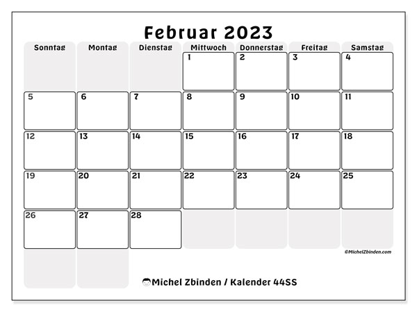 Kalender zum Ausdrucken, Februar 2023, 44SS