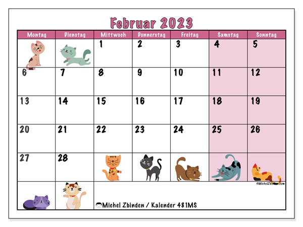 Kalender Februar 2023 zum ausdrucken. Monatskalender “481MS” und kostenlos ausdruckbare Planer