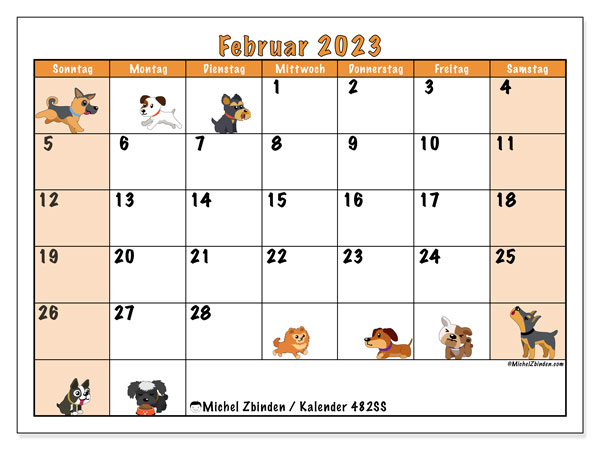 Kalender zum Ausdrucken, Februar 2023, 482SS