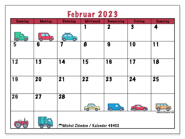 Kalender Februar 2023 “484”. Kalender zum Ausdrucken kostenlos.. Sonntag bis Samstag