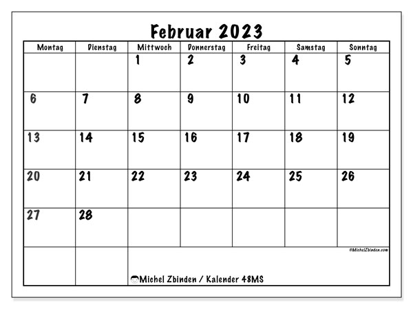 Kalender Februar 2023 zum ausdrucken. Monatskalender “48MS” und kostenloser Planer zum ausdrucken
