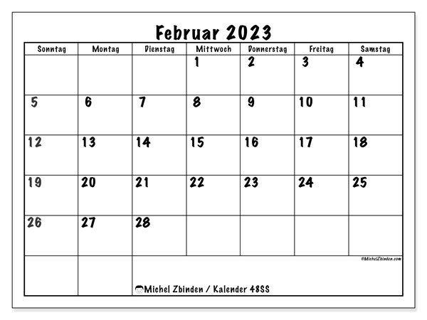 48SS-Kalender, Februar 2023, zum Ausdrucken, kostenlos. Kostenloser Terminkalender zum Ausdrucken