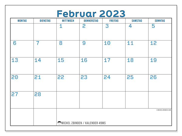 49MS-Kalender, Februar 2023, zum Ausdrucken, kostenlos. Kostenlos ausdruckbarer Plan