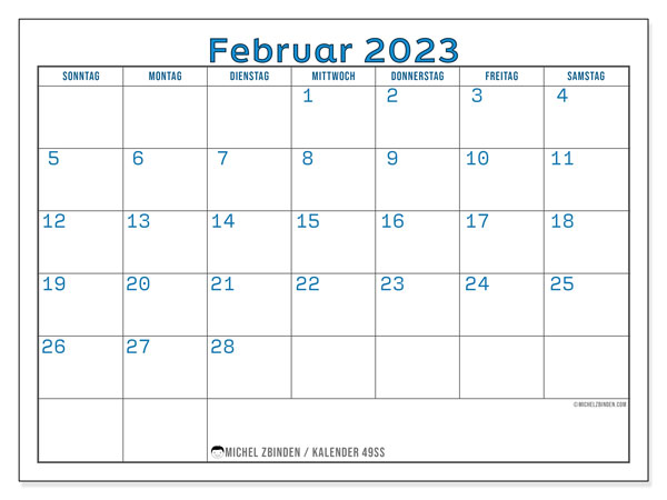 Kalender zum Ausdrucken, Februar 2023, 49SS