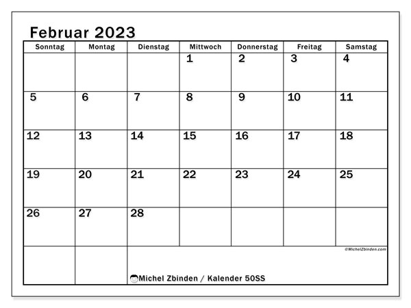Kalender zum Ausdrucken, Februar 2023, 50SS