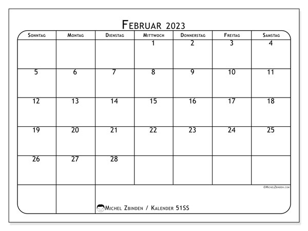 Kalender zum Ausdrucken, Februar 2023, 51SS