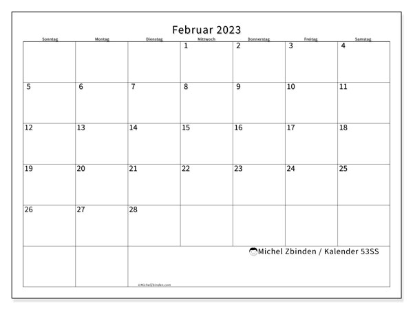 53SS-Kalender, Februar 2023, zum Ausdrucken, kostenlos. Terminplan zum kostenlos ausdrucken