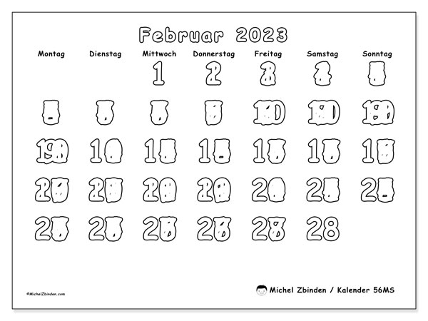 Kalender Februar 2023 zum ausdrucken. Monatskalender “56MS” und kostenloser Zeitplan zum ausdrucken