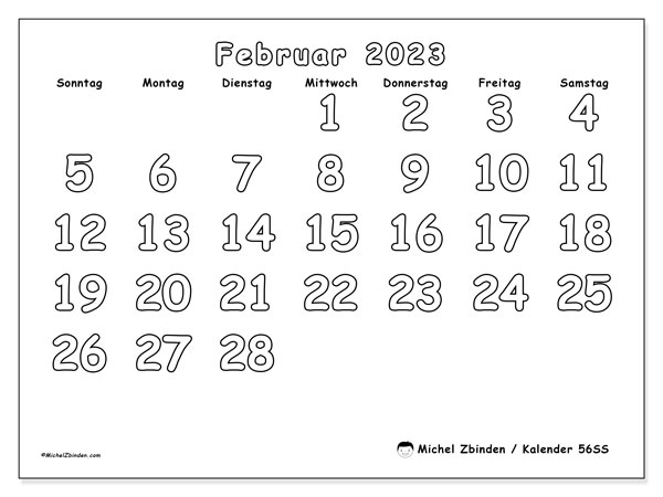 56SS-Kalender, Februar 2023, zum Ausdrucken, kostenlos. Kostenlos ausdruckbarer Terminkalender