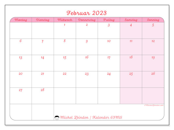 Kalender Februar 2023 zum ausdrucken. Monatskalender “63MS” und Zeitplan zum kostenlosen ausdrucken