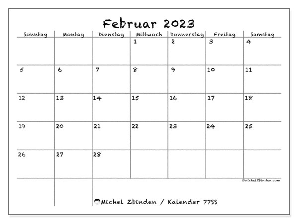 Kalender zum Ausdrucken, Februar 2023, 77SS