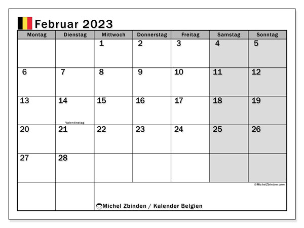 Belgien, Kalender Februar 2023, zum Ausdrucken, kostenlos.