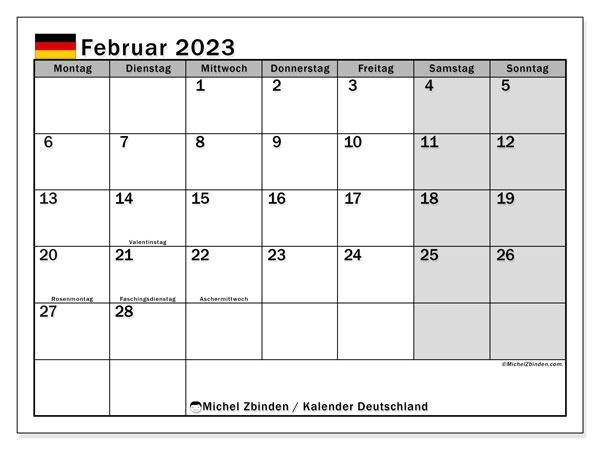 Kalender “Deutschland” zum ausdrucken, mit Feiertagen. Monatskalender Februar 2023 und kostenlos ausdruckbare Planer.