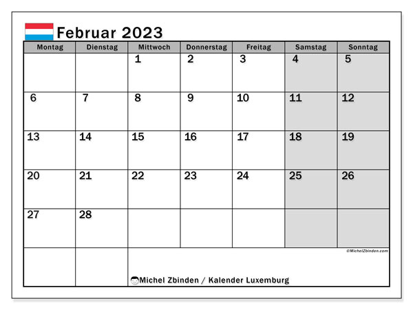Kalender “Luxemburg” zum ausdrucken, mit Feiertagen. Monatskalender Februar 2023 und kostenloser Planer zum ausdrucken.