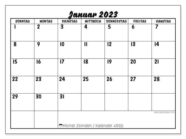 Kalender zum Ausdrucken, Januar 2023, 45SS