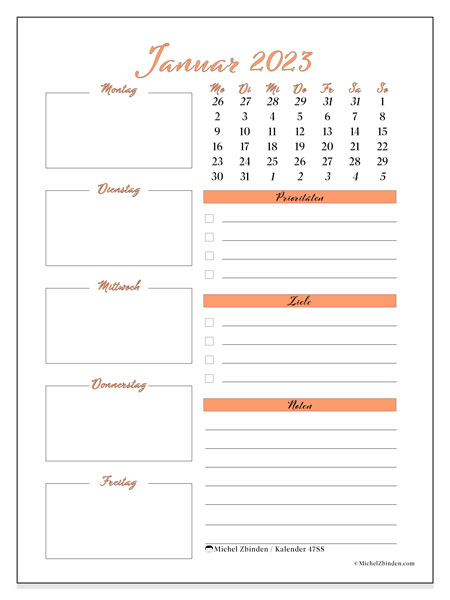Kalender Januar 2023 zum ausdrucken. Monatskalender “47MS” und kostenlos ausdruckbare Planung
