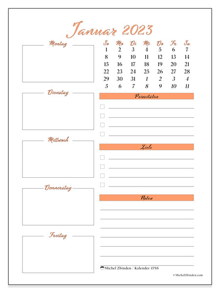 47SS-Kalender, Januar 2023, zum Ausdrucken, kostenlos. Kostenloser Terminkalender zum Ausdrucken