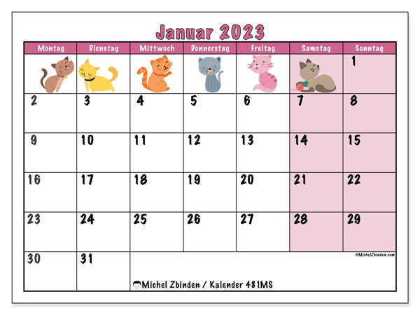 481MS, Kalender Januar 2023, zum Ausdrucken, kostenlos.