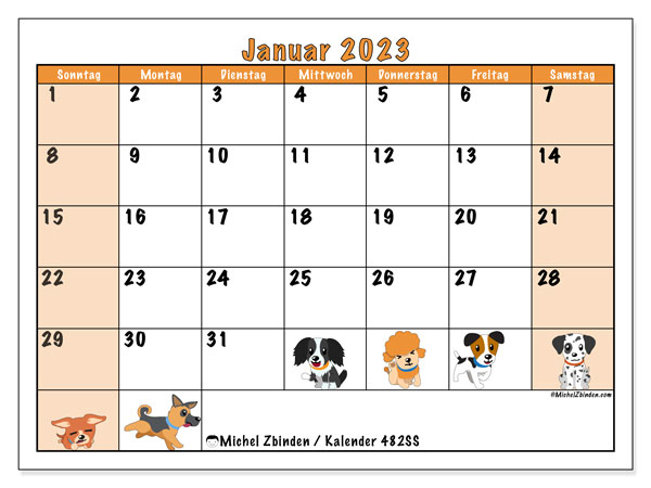 Kalender zum Ausdrucken, Januar 2023, 482SS