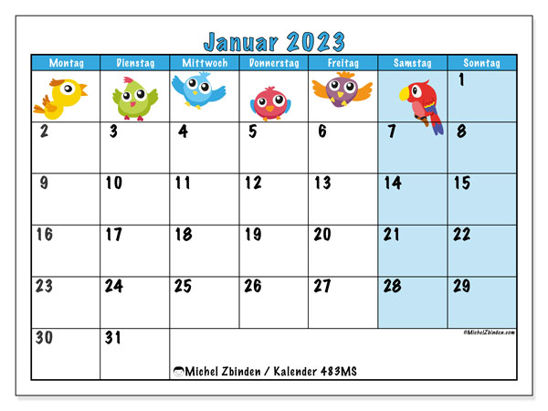 Kalender zum Ausdrucken, Januar 2023, 483MS