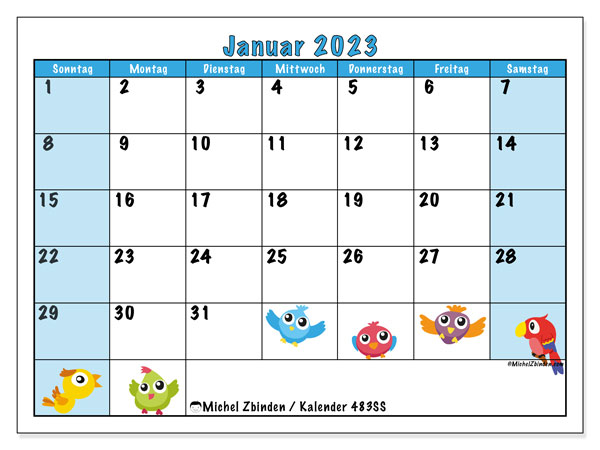 483SS-Kalender, Januar 2023, zum Ausdrucken, kostenlos. Kostenloser druckbarer Terminkalender