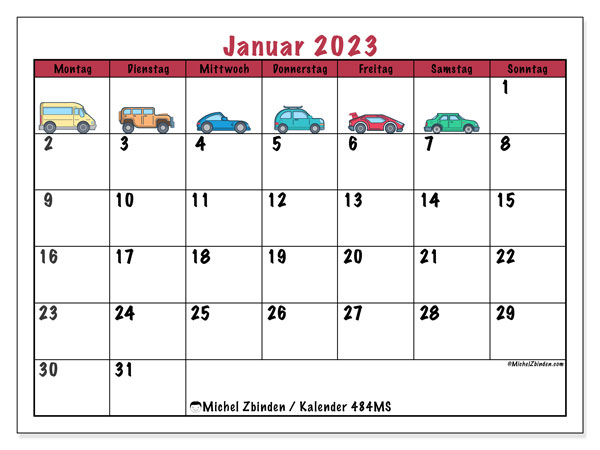 484MS, Kalender Januar 2023, zum Ausdrucken, kostenlos.