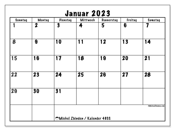 Kalender zum Ausdrucken, Januar 2023, 48SS