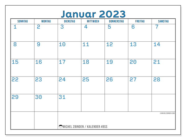 Kalender zum Ausdrucken, Januar 2023, 49SS