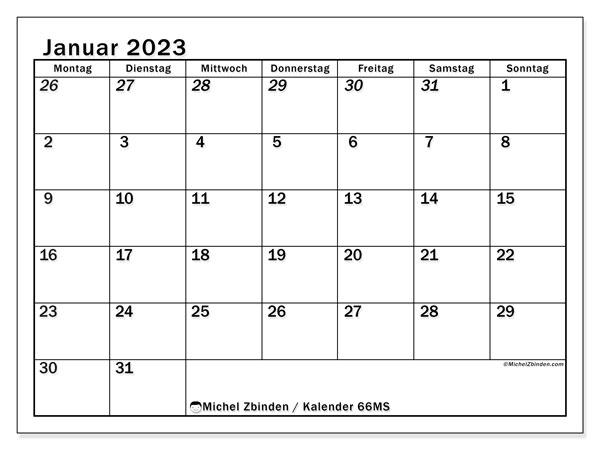 Kalender zum ausdrucken, Januar 2023, 501MS