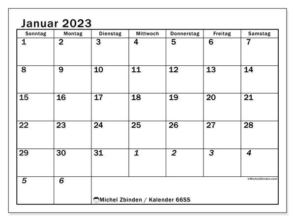 Kalender zum Ausdrucken, Januar 2023, 501SS