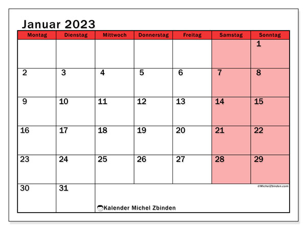 Kalender Januar 2023 zum ausdrucken. Monatskalender “502MS” und Planung zum kostenlosen ausdrucken