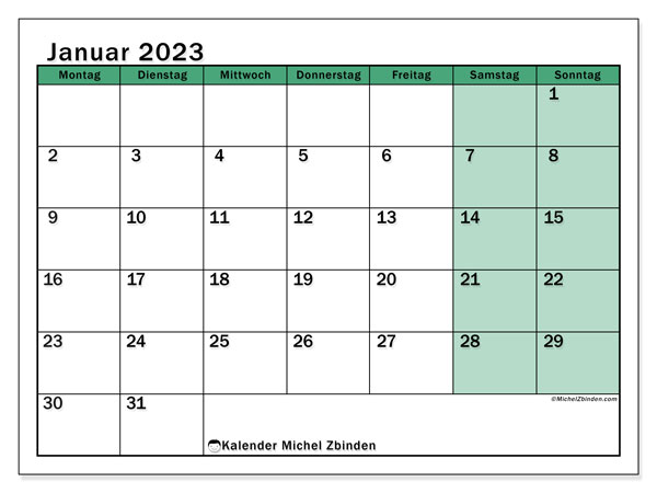 Kalender zum ausdrucken, Januar 2023, 503MS