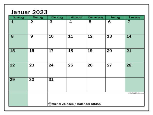 503SS-Kalender, Januar 2023, zum Ausdrucken, kostenlos. Kostenloser druckbarer Terminkalender