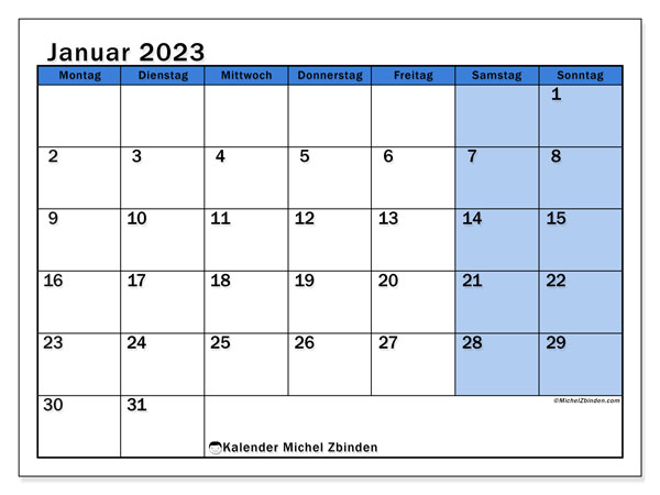 Kalender Januar 2023 zum ausdrucken. Monatskalender “504MS” und kostenloser Planer zum ausdrucken