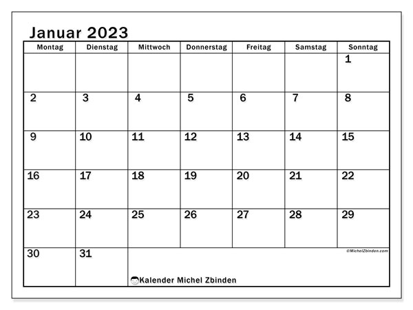 Kalender Januar 2023 zum ausdrucken. Monatskalender “50MS” und kostenlos ausdruckbare Planung