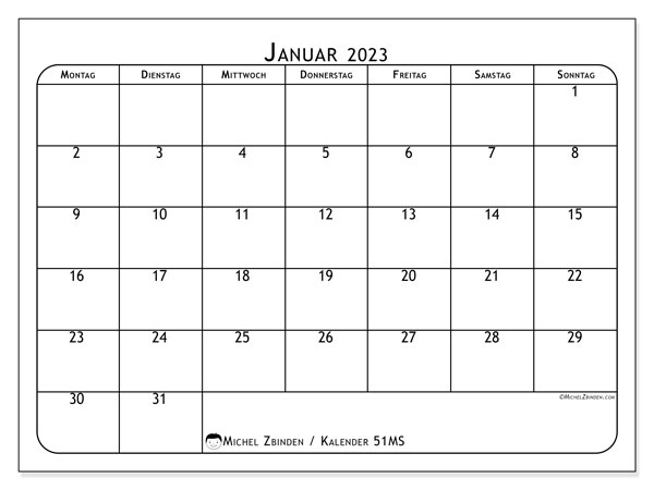 Kalender Januar 2023 zum ausdrucken. Monatskalender “51MS” und kostenloser Zeitplan zum ausdrucken