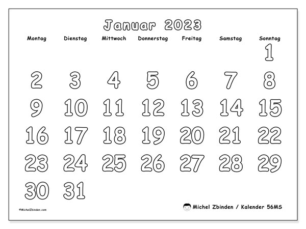 56MS-Kalender, Januar 2023, zum Ausdrucken, kostenlos. Kostenlos ausdruckbarer Plan