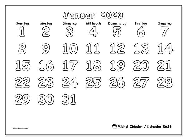 56SS-Kalender, Januar 2023, zum Ausdrucken, kostenlos. Kostenloser druckbarer Terminkalender