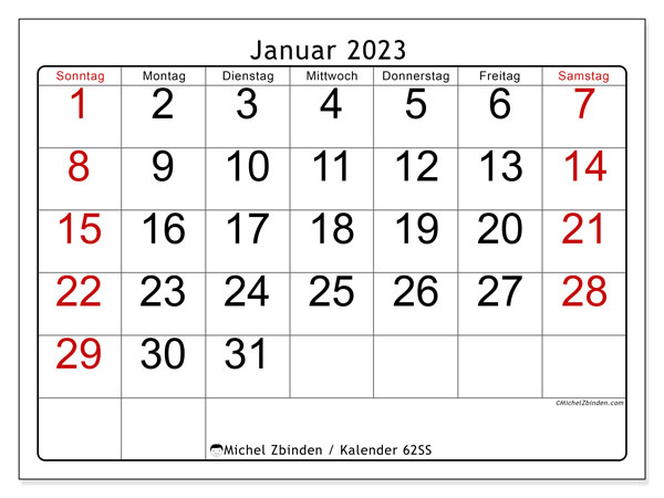 Kalender zum Ausdrucken, Januar 2023, 62SS