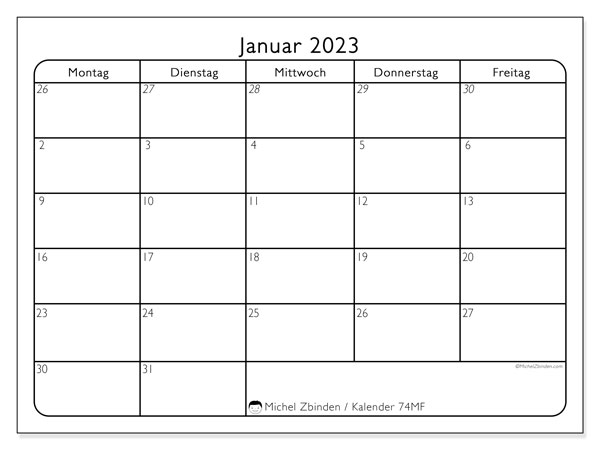 74MS, Kalender Januar 2023, zum Ausdrucken, kostenlos.